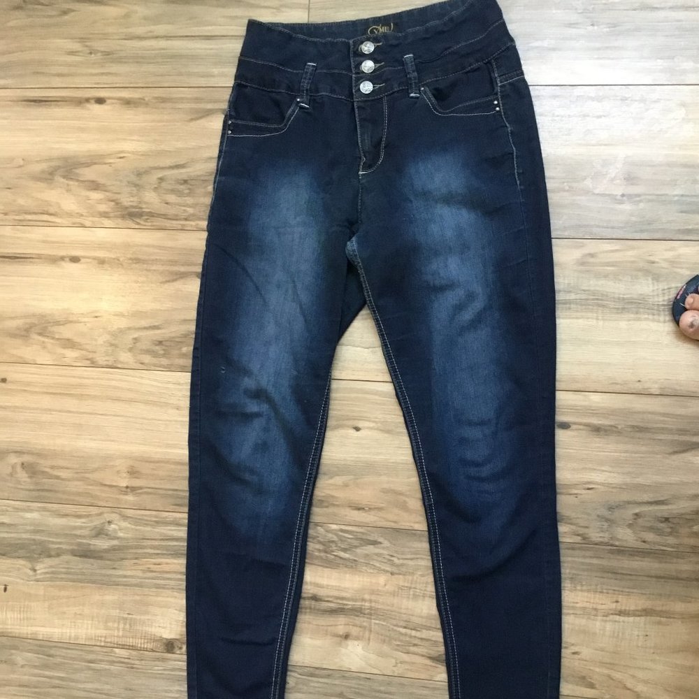 YMI Skinny High Waisted Jeans Denim Three Button Medium Washed Stretchy Blue 5